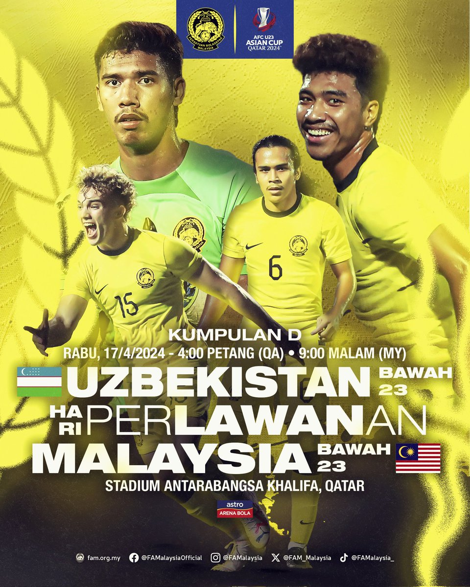 Hari Perlawanan 1 | Rabu, 17 April 2024 Kumpulan D • Piala Asia B-23 2024 ⚽ UZBEKISTAN B-23 🇺🇿 🆚️ 🇲🇾 MALAYSIA B-23 🕓 4:00 petang ini (QA) | 🕘 9:00 malam ini (MY) 🏟 Stadium Antarabangsa Khalifa, Qatar 📺 Siaran langsung di @ASTROARENA 803 #FAM #HarimauMalaya #AFCU23