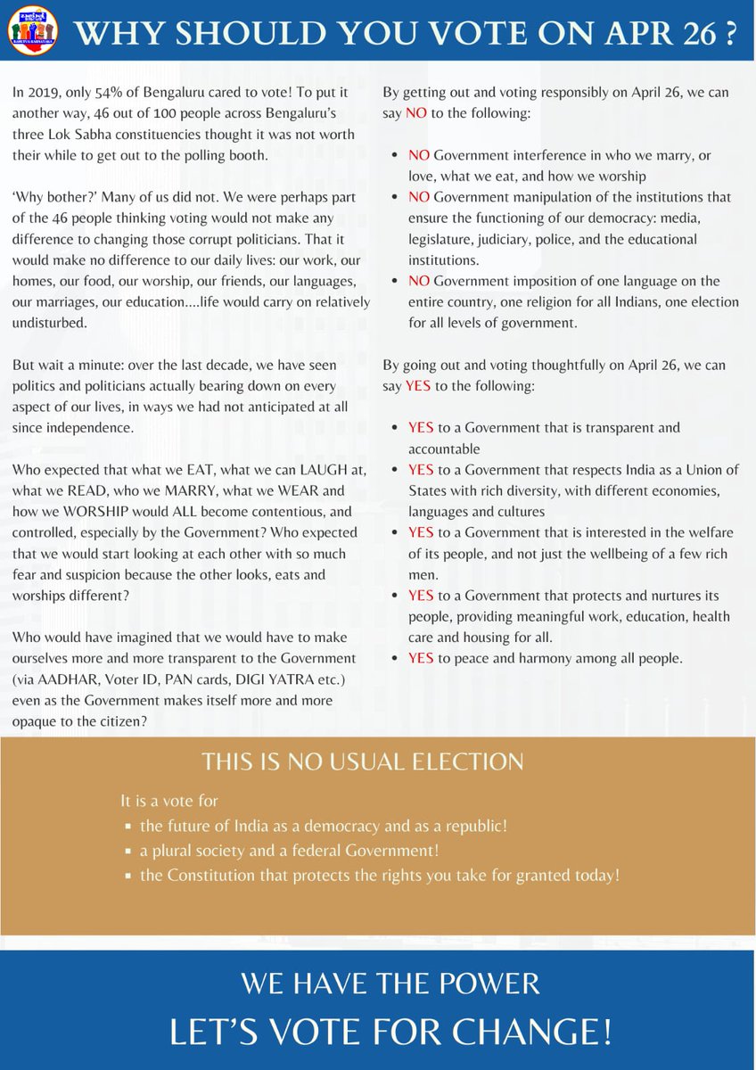 BahutvaKtka's tweet photo. We have released this pamphlet on why its important to vote on April 26th. 

We don't want a govt that curtails our freedoms, that captures independent institutions, muzzles the press

We want one that upholds federalism, fraternity &amp; all our freedoms. 

Do download &amp; share https://t.co/s2nGl17Bih