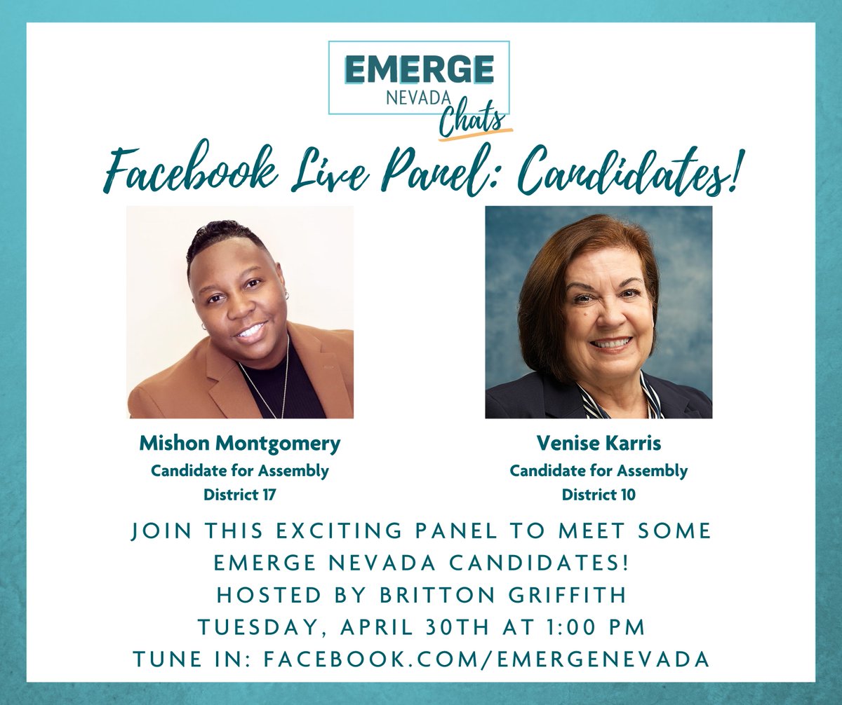 Next week on Emerge Chats, we'll be joined by @Mishon4Nevada and @VeniseKarris! Don't miss this exciting conversation -- join us on Tuesday at 1 pm 👋 Facebook.com/EmergeNevada