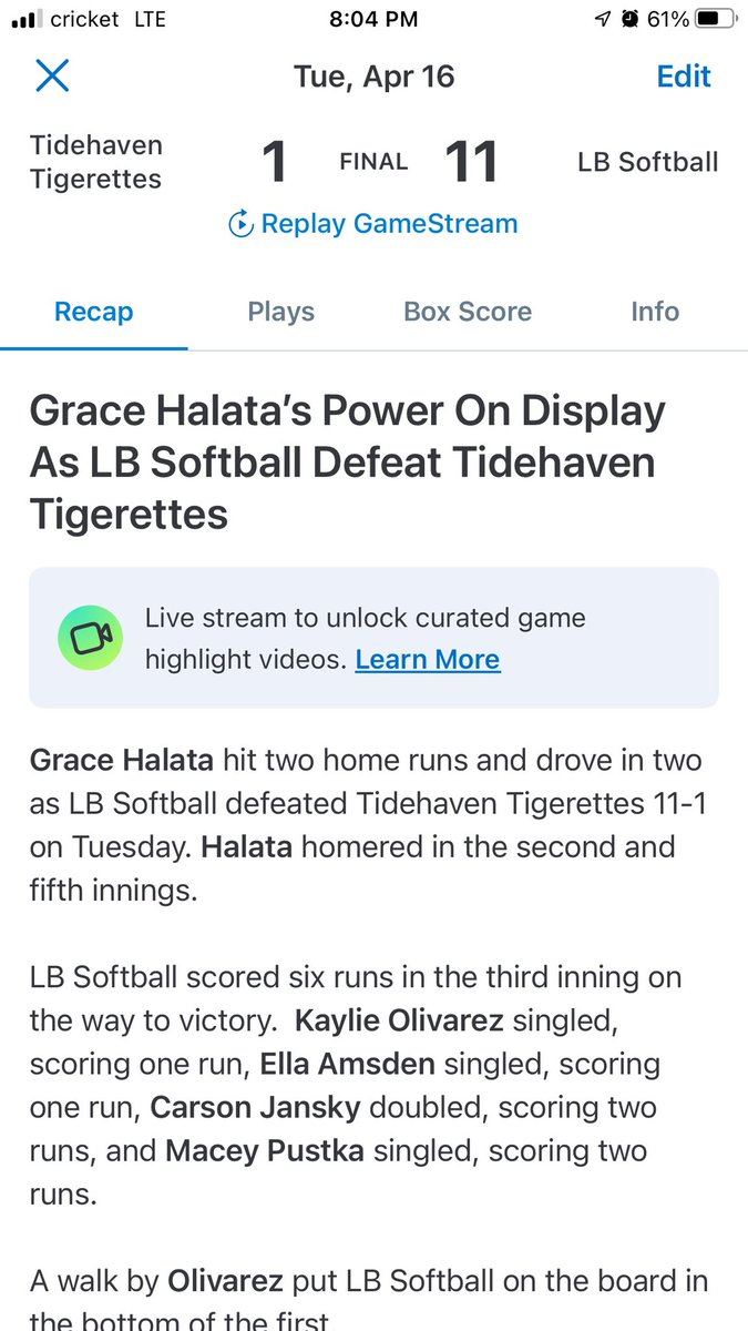 Another win for LB tonight against Tidehaven with a score of 11-1. We are now 13-0 in district. I picked up 2 more 💣 for the season. #chasingdreams @LBteams @CoachLeviMonty @CallieMaeK @TXUnitySoftball @UnityCoachGary @TXUnitySmith