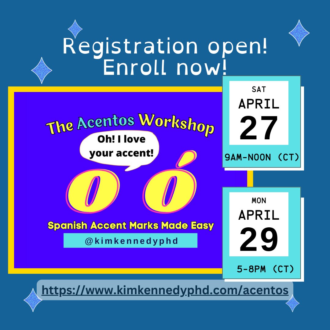 🎉Join us in less than 2 weeks! The “Acentos” Workshop: Spanish Accent Marks Made Easy with Dr. Kim Kennedy via zoom. Pick your date: 
📌April 27 (9-noon CT)  
📌April 29 (5-8pm CT)

#bilingualeducation #duallanguage #DLBE #spanish #biliteracy #TheAcentosWorkshop #kimkennedyphd