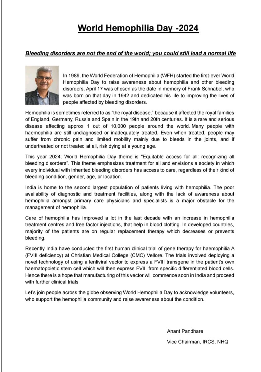 Message from the Hon'ble Vice Chairman, IRCS, NHQ, Dr. Anant Pandhare on World Hemophilia Day, 17th April, 2024 tinyurl.com/5e58rtur