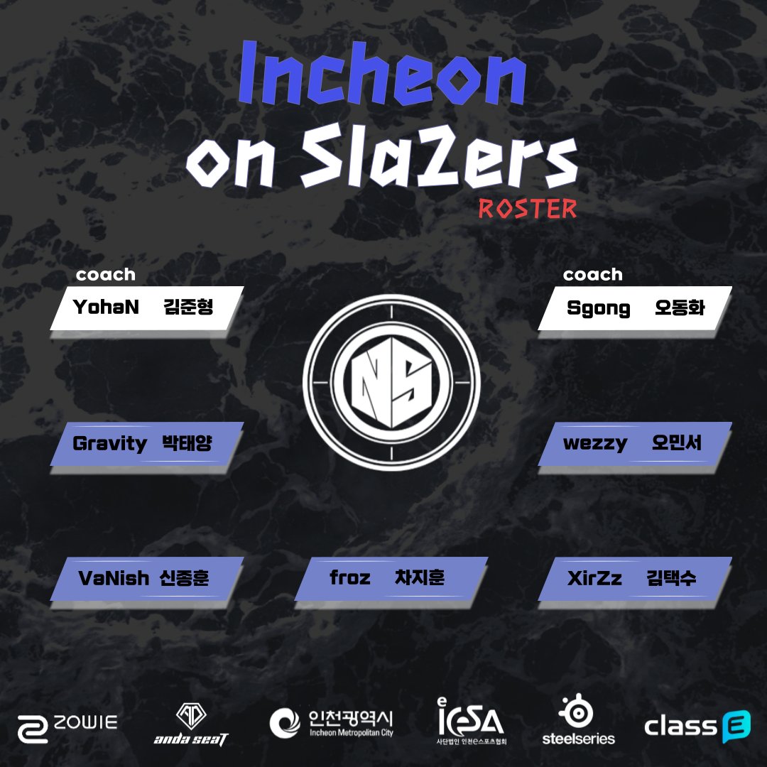 [Incheon on sla2ers]

새로운 인천 온슬레이어스의 선수단을 소개합니다 

YohaN 김준형 코치 <a href="/GongYohan/">YohaN</a>
Sgong 오동화 코치 <a href="/seongfil/">Sgong</a>
Gravity 박태양 @Gravity_vlrt
wezzy 오민서 <a href="/wezzy_fps/">wezzy</a>
VaNish 신종훈 <a href="/VaNish_vlrt/">VaNish</a>
froz 차지훈 <a href="/froz_fps1/">froz</a>
XirZz 김택수 <a href="/XirZz_vlrt/">XirZz</a>