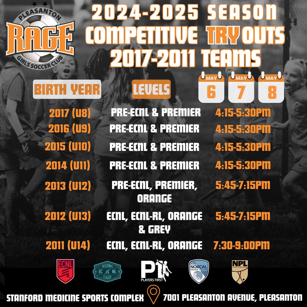 🚨🧡⚽️ Pleasanton #RAGE 2024-2025 season, COMPETITIVE tryout schedule for 2017-2011 Age Groups is here! 

Learn more &amp; REGISTER at pleasantonrage.org/tryouts/