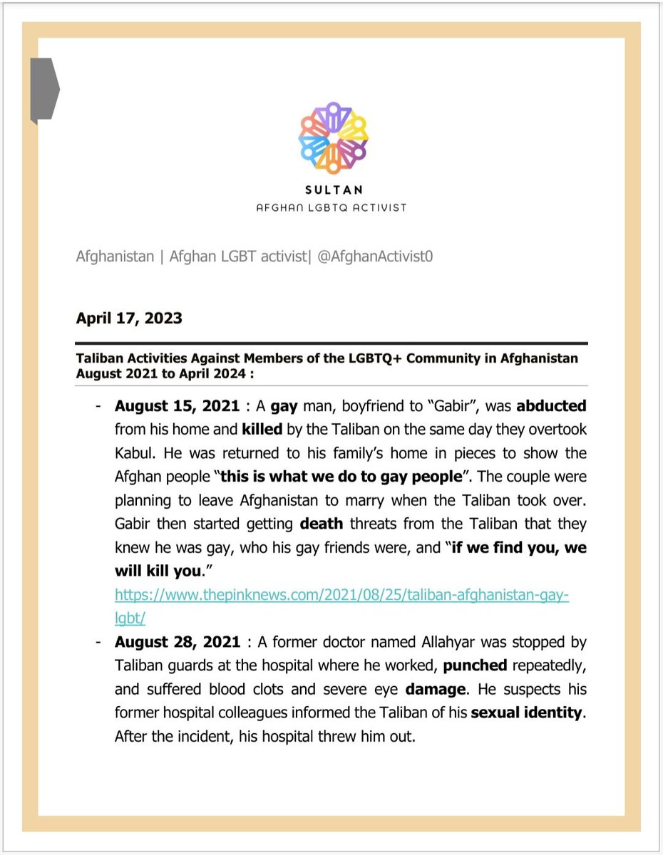 SultanActivist's tweet photo. 1/3

Taliban Activities Against Afghan LGBTQ+ In Afghanistan From August 15, 2021 - April 15, 2022

@Afghani1Rainbow @AfghanLgbt @AFIntlBrk @ARNAUDHADRYS @Artemis_akbary @GabrielAttal @heatherbarr1 @myGwork @BBCBreaking @Patrice2Elias @humanrights1st @hrw @Jeannie_Hartley https://t.co/W0Vh1xCzXc