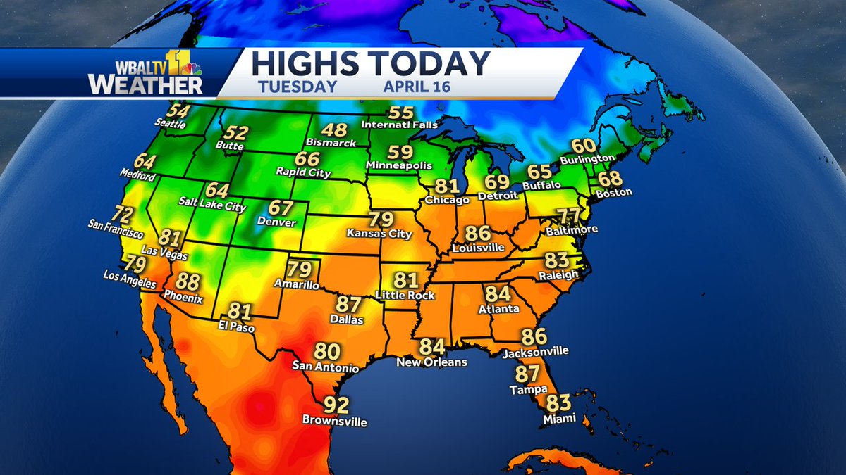 Here's a look at observed high temperatures across the Lower 48 today.