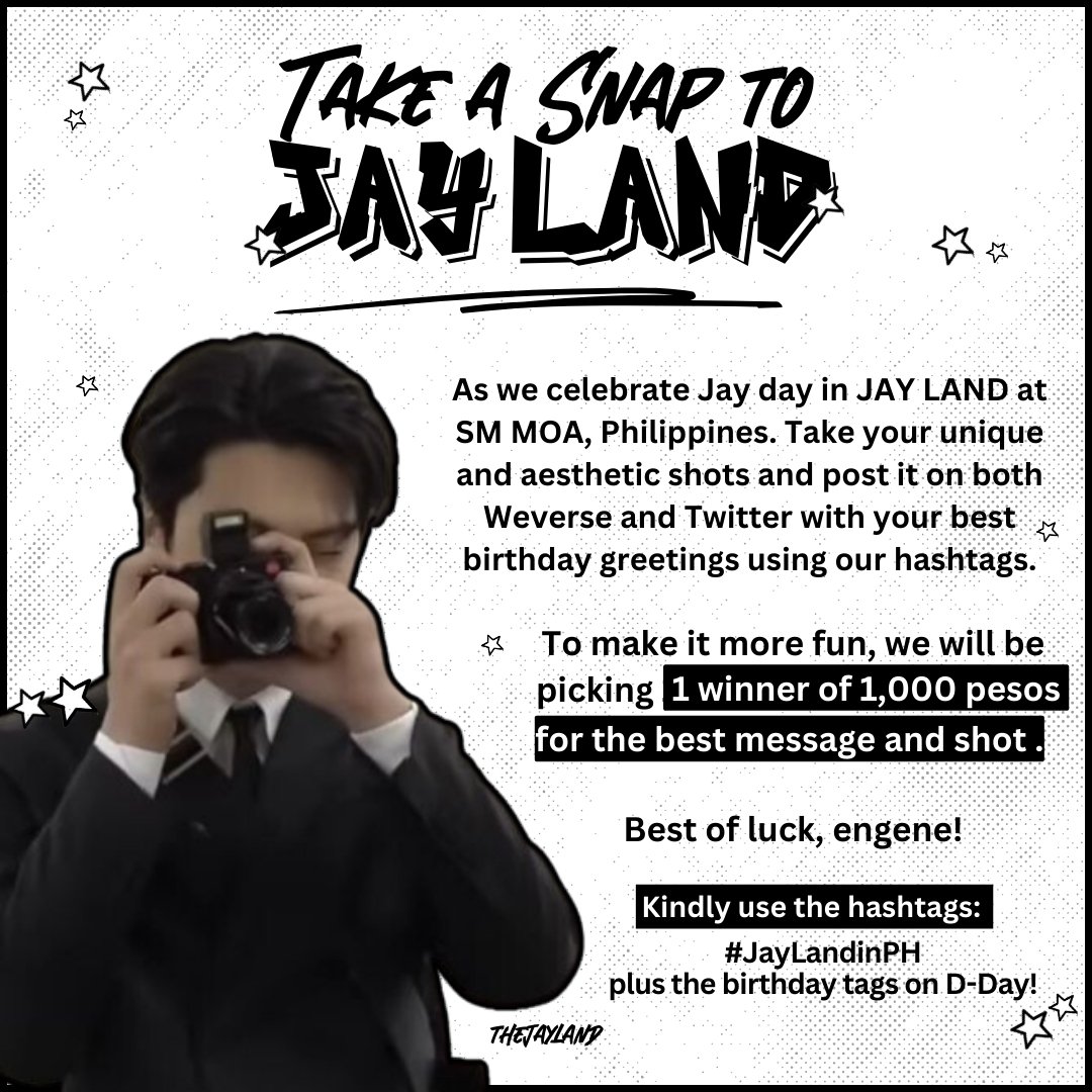 [𝐉𝐀𝐘 𝐋𝐀𝐍𝐃 𝐈𝐍 𝐓𝐇𝐄 𝐏𝐇𝐈𝐋𝐈𝐏𝐏𝐈𝐍𝐄𝐒] — 𝙋𝙧𝙤𝙟𝙚𝙘𝙩 #9 As we celebrate Jay day in JAY LAND at SM MOA, Philippines. Take your unique and aesthetic shots and post it on both Weverse and X with your best birthday greetings using our hashtags. To make it more fun,…
