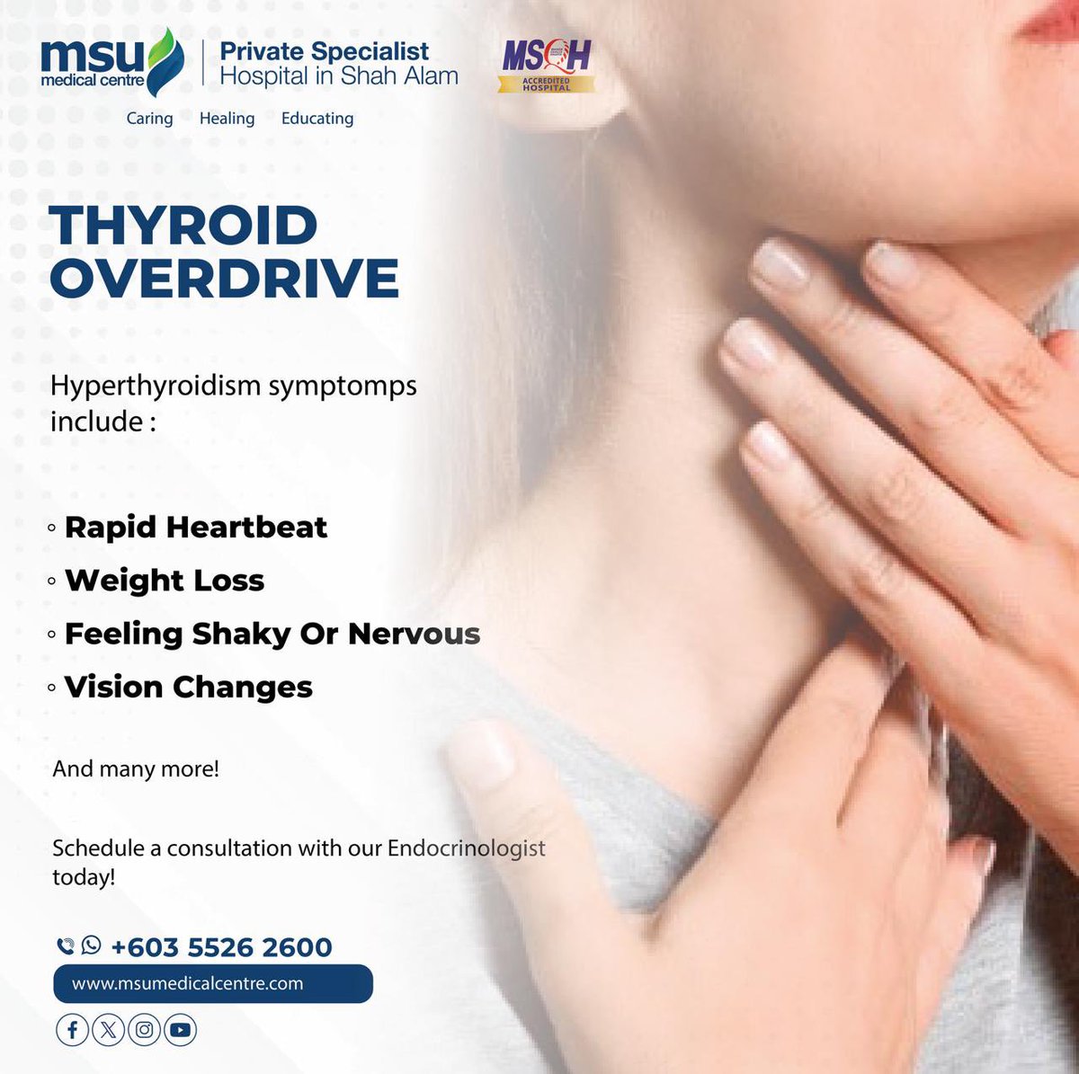An overactive thyroid, is known as hyperthyroidism. A condition where the thyroid gland produce too much of the thyroid hormone. 
This can speed up your body’s function. 

Untreated hyperthyroidism can develop into medical emergencies if not treated.

#CaringHealingEducating