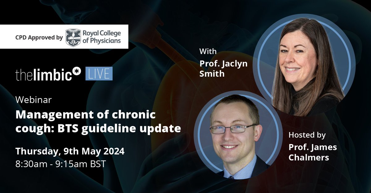 REGISTER: thelimbic.com/uk/respiratory… Join Prof. Jaclyn Smith and Prof. James Chalmers as they discuss key takeaways from recent BTS guidelines on management of chronic cough & their implications for local practice. CPD approved by: @RCPhysicians @ProfJDChalmers @BTSrespiratory