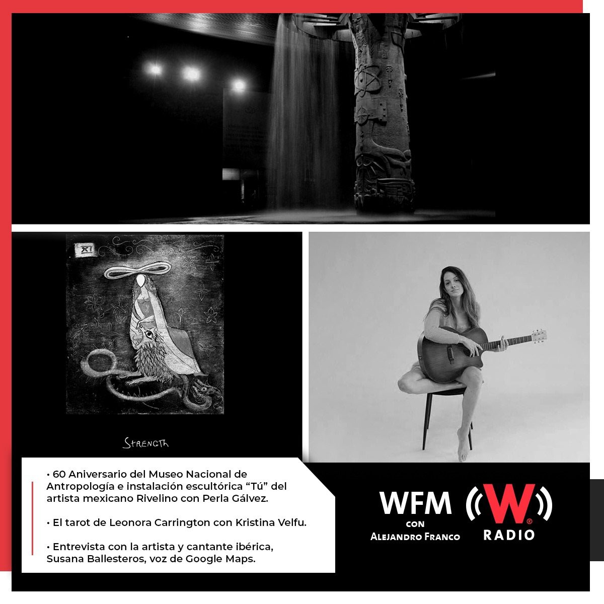 WFM con Alejandro Franco. (@wfm_wradio) on Twitter photo Este 16 de abril en #WFMWRadio:
- <a href="/Perliurix/">Perla Gálvez</a> habla del 60 Aniversario del Museo Nacional de Antropología.
- <a href="/Velfu/">Kristina Velfu</a> habla sobre el tarot de Leonora Carrington.
- Entrevista con la artista y cantante ibérica, Susana Ballesteros, quien también es conocida por ser voz de Google Maps. Este 16 de abril en #WFMWRadio:
- <a href="/Perliurix/">Perla Gálvez</a> habla del 60 Aniversario del Museo Nacional de Antropología.
- <a href="/Velfu/">Kristina Velfu</a> habla sobre el tarot de Leonora Carrington.
- Entrevista con la artista y cantante ibérica, Susana Ballesteros, quien también es conocida por ser voz de Google Maps.
