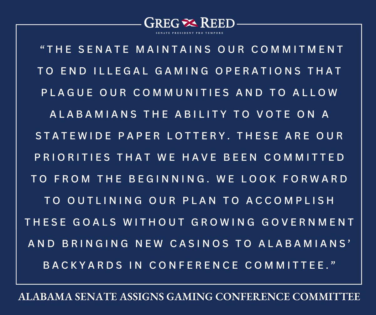 This evening, the Alabama Senate voted to send both pieces of gambling legislation to conference. Read my full statement below. ⬇️ #alpolitics