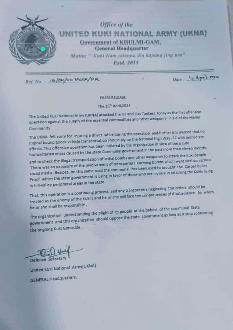 JUST IN | United #Kuki National Army claims responsibility for attack on oil & gas tankers near #Manipur’s Kaimai village on “NH37” on April 16, warns of more such attacks on all #Imphal-bound goods vehicles, @rahconteur reports