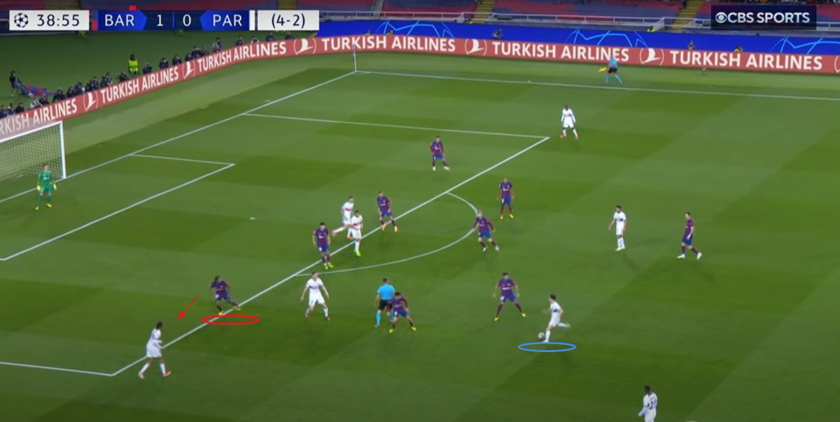 ChaucerLarson's tweet photo. How about this from Vitinha vs a low block?

He switches his body shape multiple times in a few seconds. Kounde initially stays with him, but upon the second faint slides inside, leaving Barcola in space.

Great simple actions with one player leading to their first goal.
 #UCL https://t.co/tORGgOWBvx
