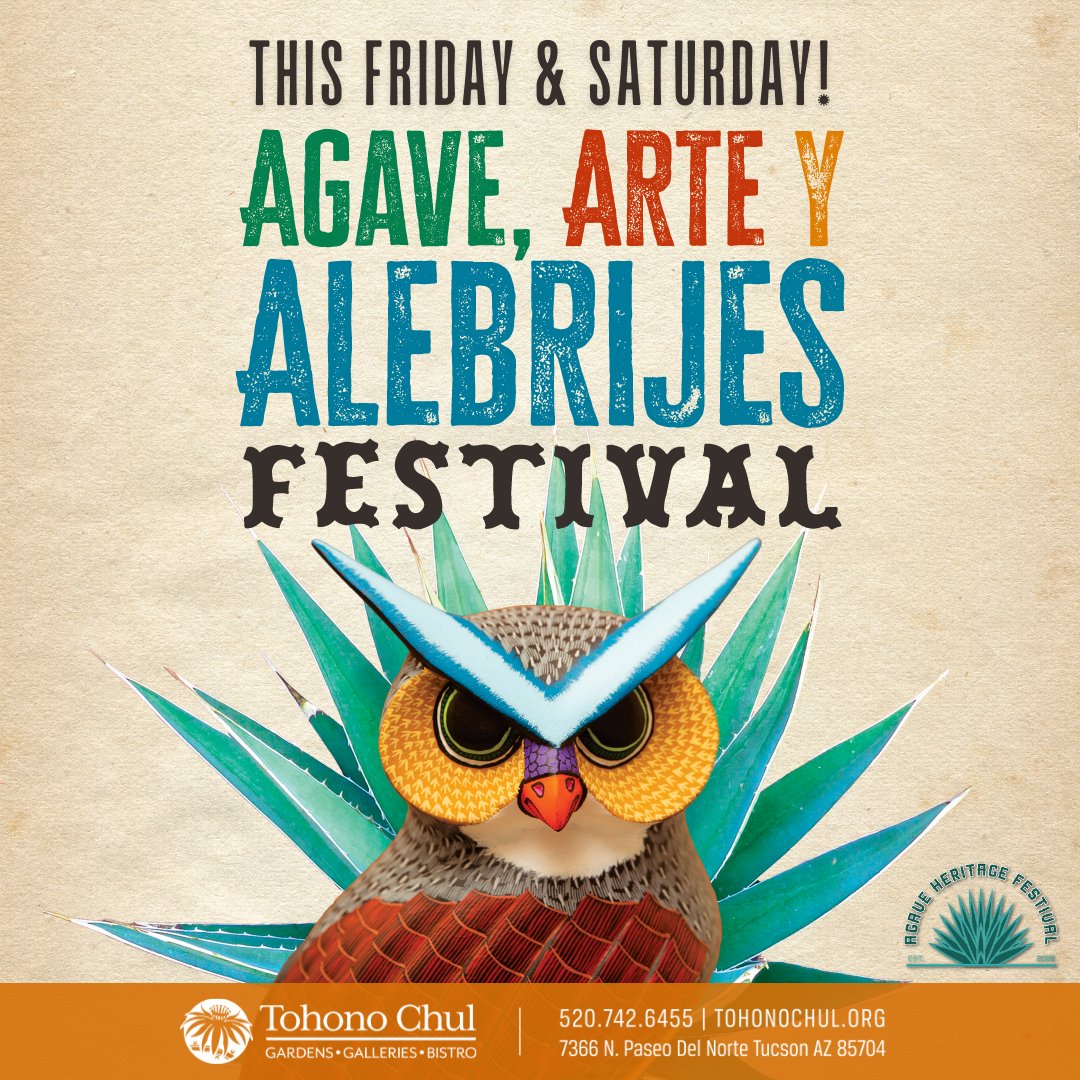 Join us this weekend for the premiere Agave, Arte y Alebrijes Festival — a vibrant collaboration Between Tohono Chul &amp; the Agave Heritage Festival! 

Live music, lectures, food, folk art, and more! 

✨ This Fri-Sat, April 19-20, 9am-4pm

Get tickets → tohonochul.org