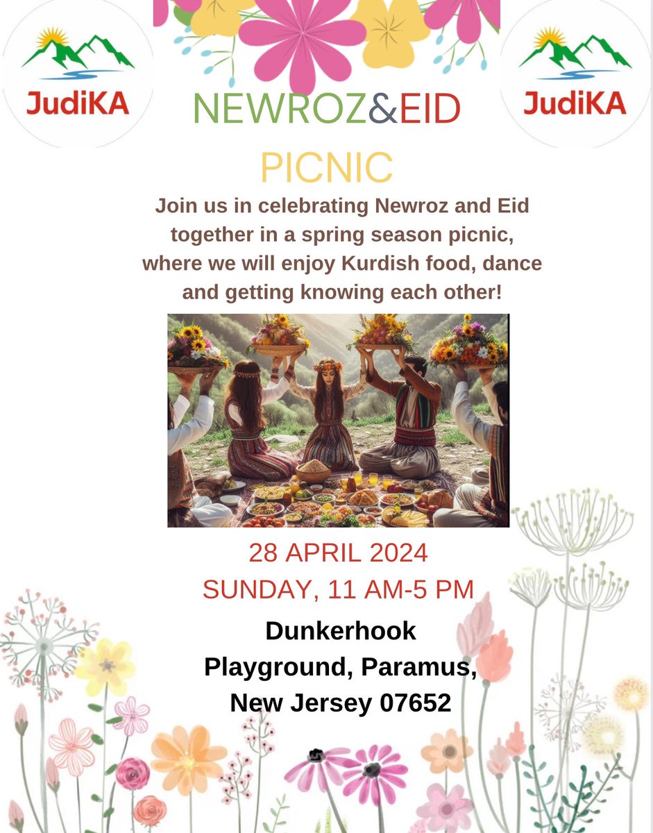 Join us in celebrating Newroz and Eid together in a spring season picnic in Paramus, NJ, on the 28th of April, Sunday where we will enjoy Kurdish food, dance, and getting knowing each other! Register here eventbrite.com/e/judika-newro… #KurdsInAmerica