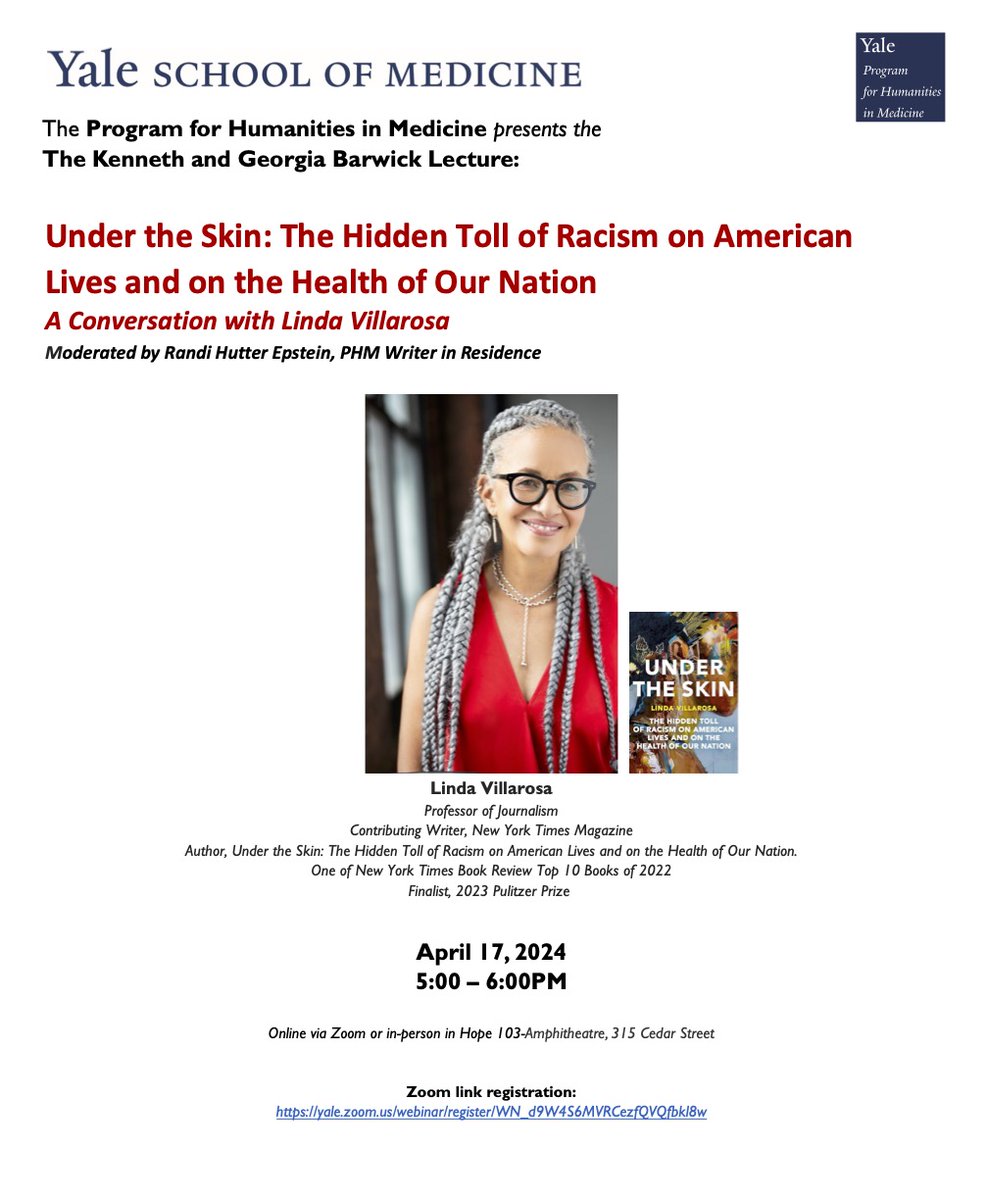Looking forward to speaking with @lindavillarosa about her book, UNDER THE SKIN, tomorrow @Yale School of Medicine @YaleMedHum PLEASE JOIN US: Wednesday 4/17 5PM HOPE building @annareisman @KNPeartYale
