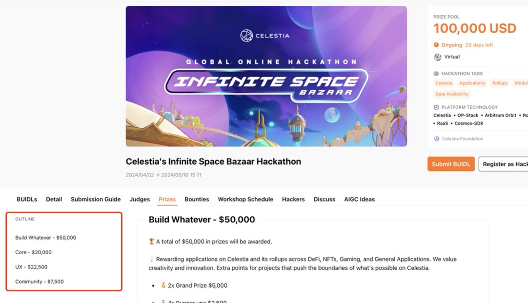 DoraHacks's tweet photo. 🚀 Explore tracks at @celestia_devs @CelestiaOrg  #InfiniteSpaceBazaar: From Gaming to DeFi, NFTs, and UX improvements. Compete for prizes totalling over $100K, with challenges in each category to test your skills! 
🎮 Details here: https://t.co/qvz8cvl4NB https://t.co/49596IlrFS