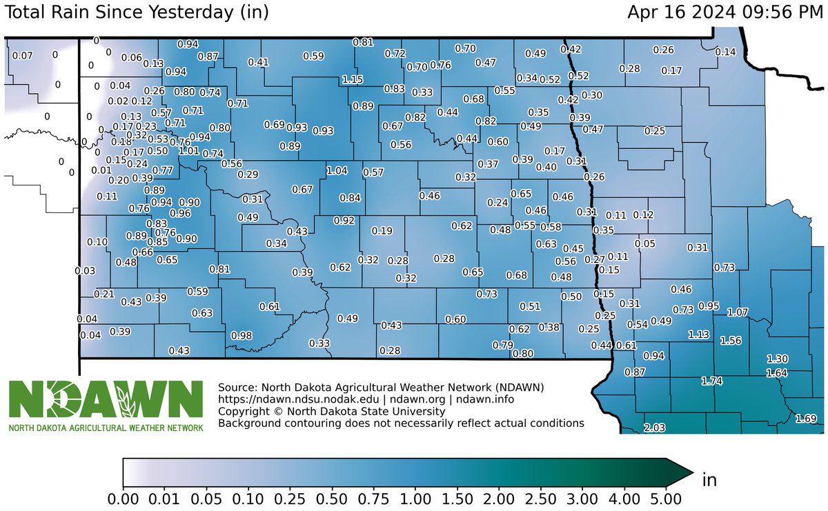 A few rain reports in the past 24-48 hours: Map below is rainfall the past 2 days from area NDAWN (ND Ag Weather Network) locations data through 956 pm Tuesday. #ndwx #mnwx
