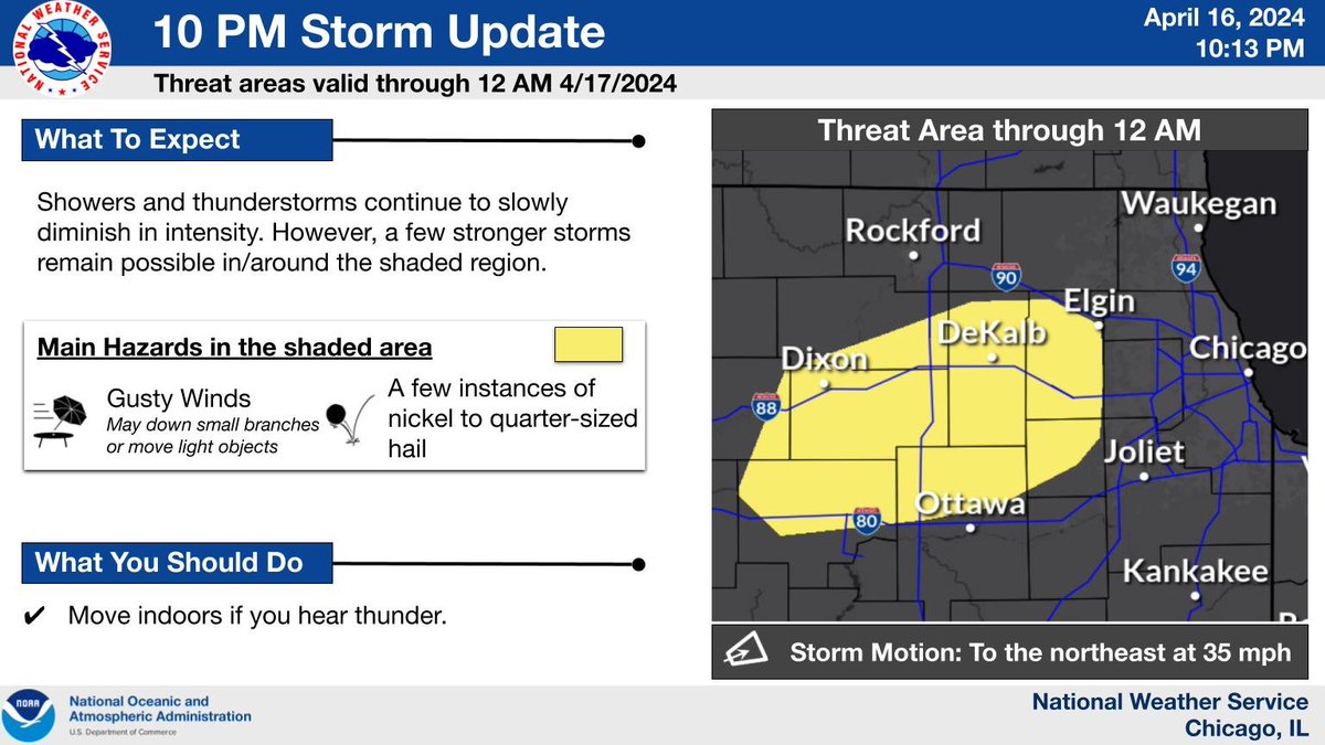 Showers and thunderstorms continue to slowly diminish in intensity. However, a few stronger storms remain possible in/around the shaded region.