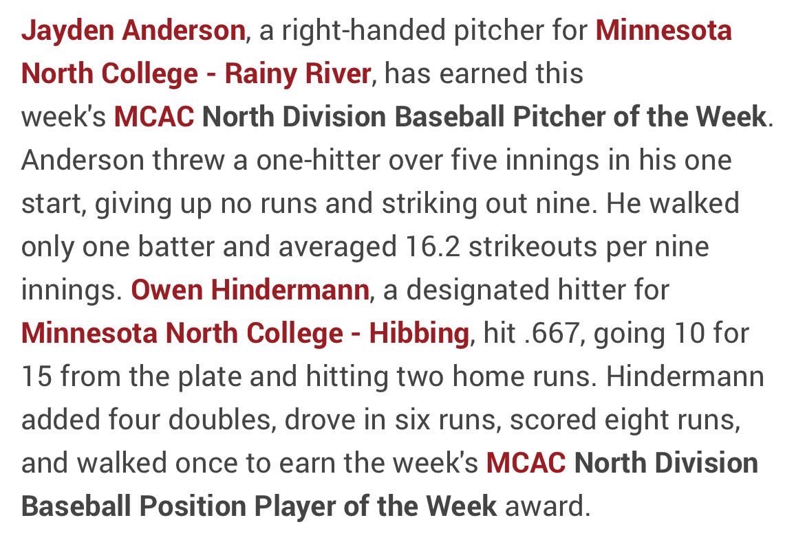 RRCC v.s. Mesabi Range
5 inn. CG
9 k’s
Pitcher Of the Week