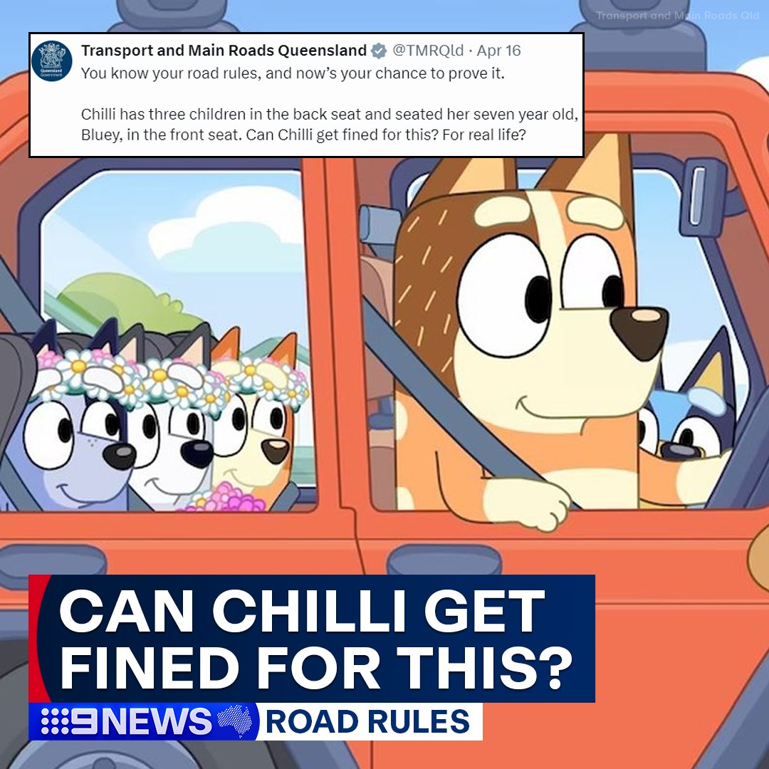 YOUR SAY: Can Chilli get fined for this? 👀 🚗 

Queensland's transport department has posed a tricky road rules question with the help of Bluey characters. #9News

ANSWER: nine.social/ENx