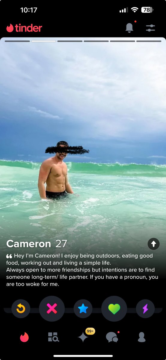 akenigsberg's tweet photo. “ if you have a pronoun, you are too woke for me” is the funniest thing a man has ever said on Tinder https://t.co/7knTeC8qma