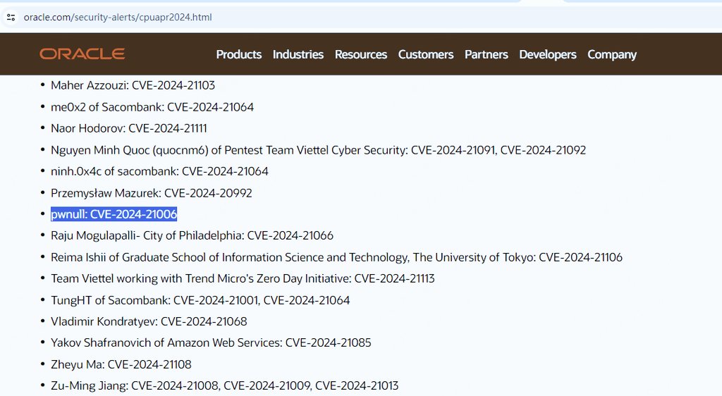 pwnull010's tweet image. CVE-2024-21006
Oracle just released a Critical Patch Update Advisory for Q2 2024, which fixes a vulnerability in the oracle weblogic middleware I submitted. For more information, you can check this link: oracle.com/security-alert…
#cve #CyberSecurity #weblogic