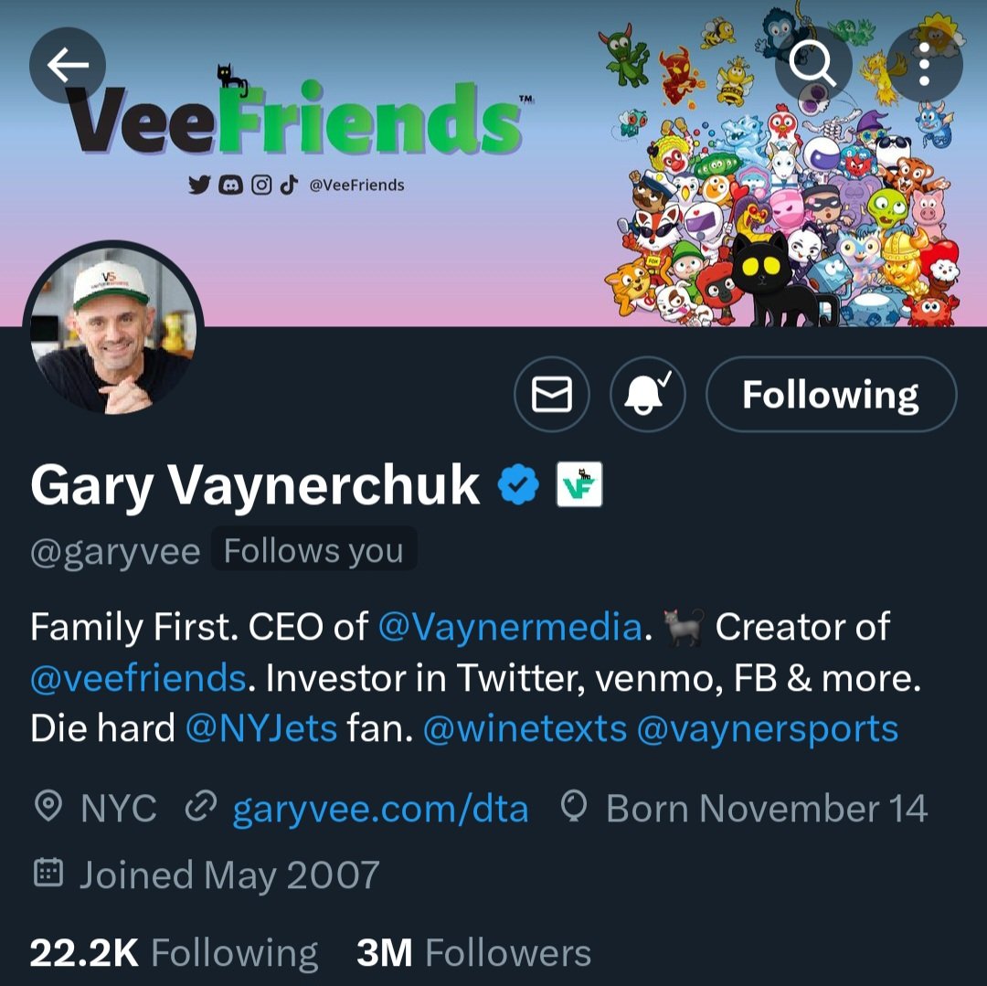 I am in Web3 "awwwwweeee" right now...

A couple of months back, I received a follow-back from the MAN himself <a href="/garyvee/">Gary Vaynerchuk</a> 🙌  

Now, I get a follow from the <a href="/VeeFriends/">VeeFriends</a>, and this has me soooo Motivated and pumped for this BULL RUN!

..It's the little things. LFG! 🙏 

#VeeFriends