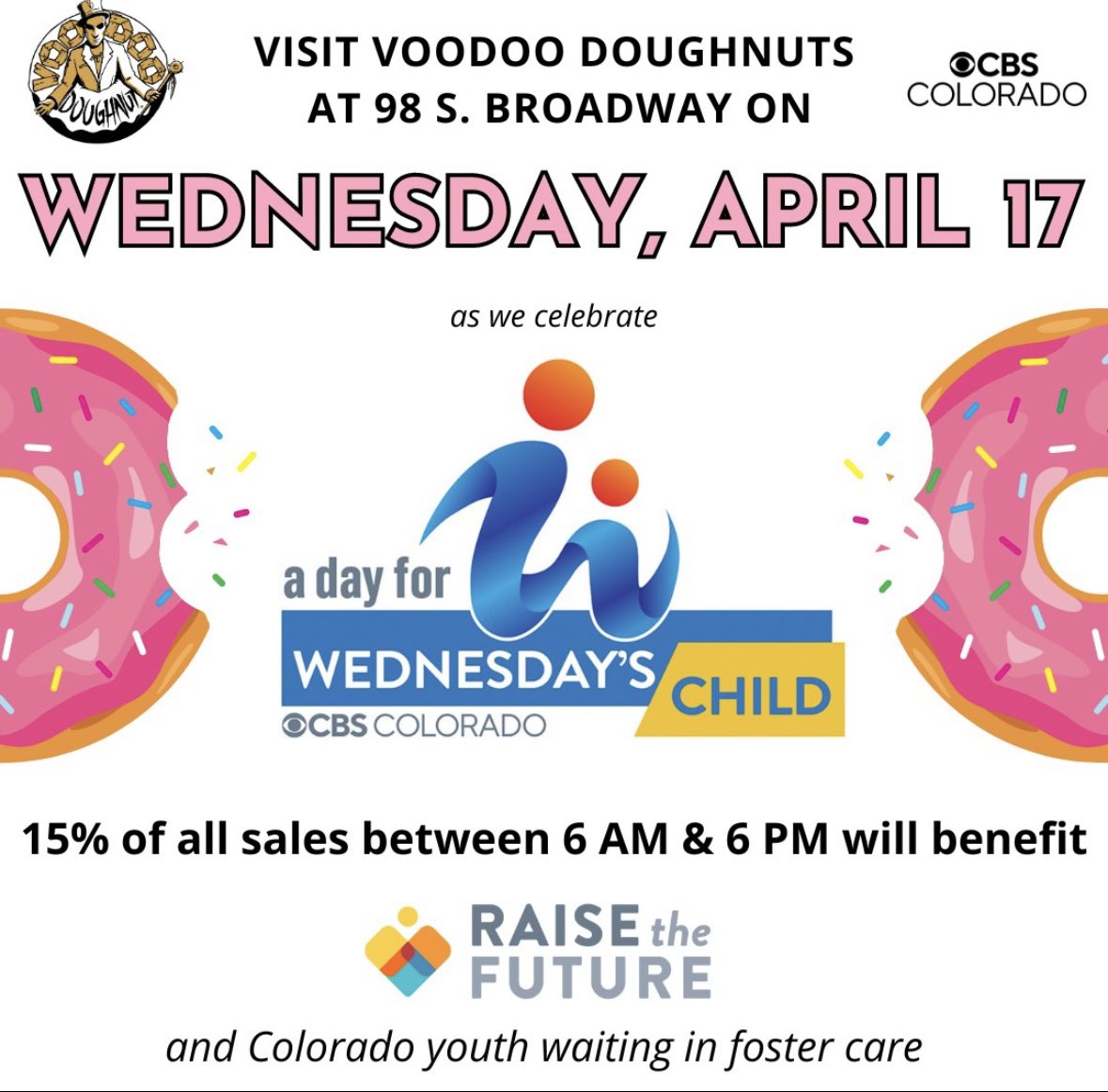 And want an easy way to support @RaiseFuture tomorrow? Eat a donut! 15% of sales at Voodoo Donut on S. Broadway will be donated!