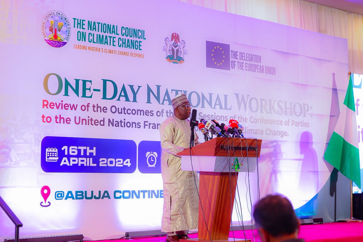 DrSalisuDahiru's tweet photo. The National Council on Climate Change, (@NCCCNigeria ) in partnership with @EUinNigeria , organized a one-day National Workshop reviewing the outcomes of @COP28_UAE , held at the Abuja Continental Hotel. 
In attendance were the Minister of @FMEnvng -  @BalarabeAbbas_ , https://t.co/Yh8KpkCsmu