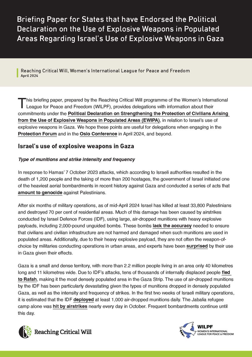 Ahead of the meeting in Oslo next week about implementing the Political Declaration on the Use of Explosive Weapons in Populated Areas, we have published recommendations for endorsing states in relation to Israel's use of explosive weapons in Gaza. 📰: reachingcriticalwill.org/resources/publ…