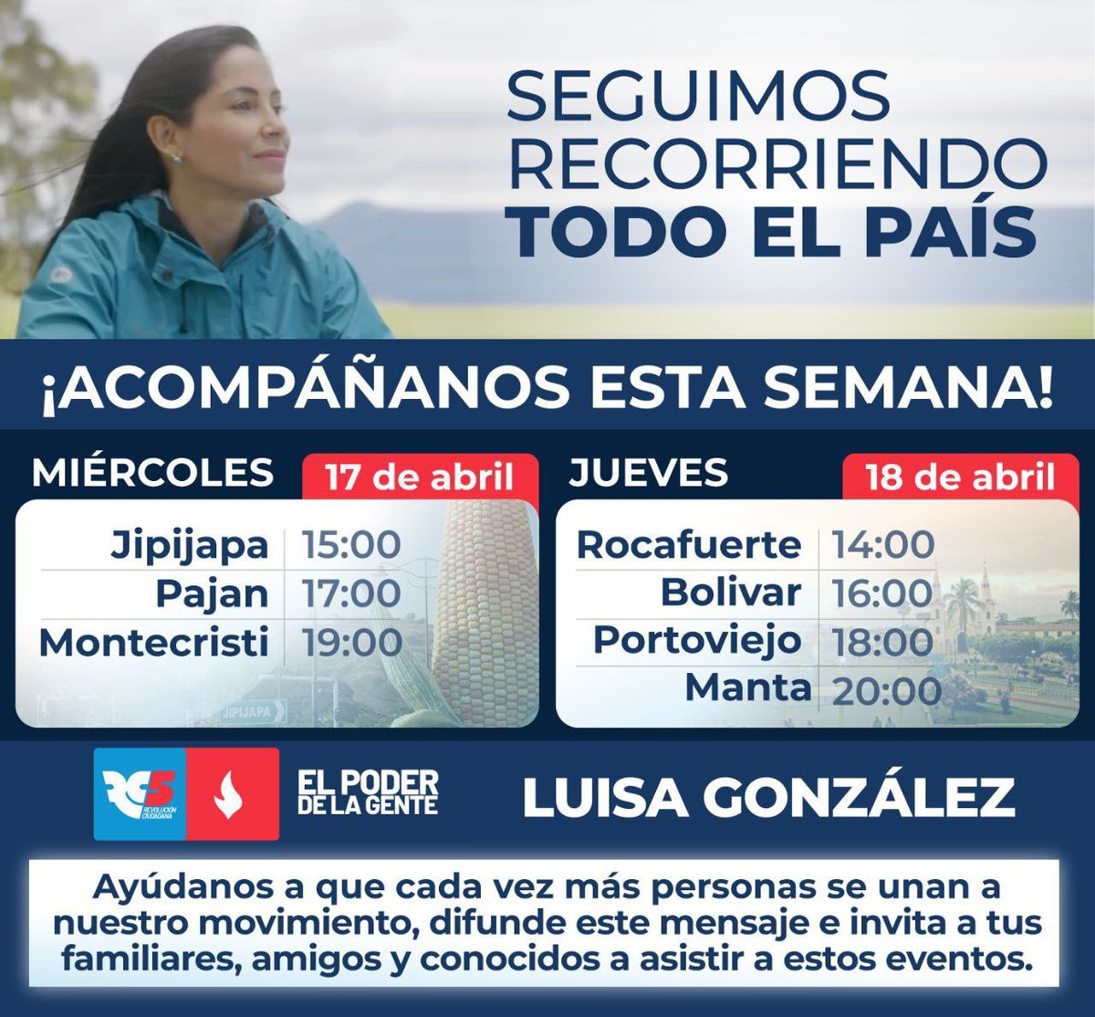 ¡Mañana es un gran día! Acompañemos a nuestra compañera @LuisaGonzalezEc en su recorrido por la hermosa provincia de Manabí. 💪

Nuestra fuerza es invencible y nuestro compromiso es más profundo que nunca. 🇪🇨❤️

#LuisaEnTerritorio 
#ElPoderDeLaGente 
#RC5