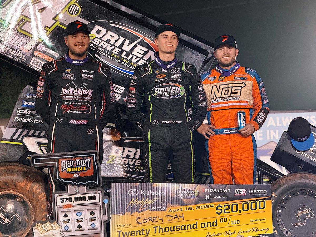 Tuesday’s Podium at @RedDirtRaceway: 🥇 @Corey_Day_ (@Driven2Save #14BC) 🥈 @TyCourtney7BC (@NosEnergyDrink #7BC) 🥉 @BMRacing19 (McGrewBid.com #19) The @Kubota_USA High Limit Midweek Money Series is officially off and running!