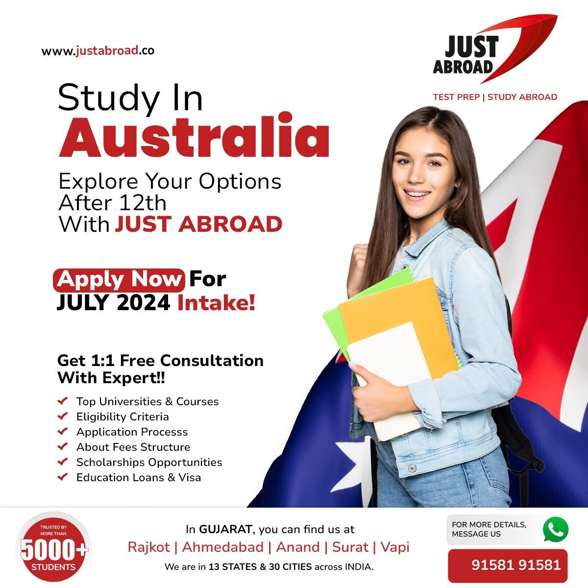 🎓🇦🇺 Ready to explore your options after 12th? Study in Australia with Just Abroad! 🌏✈️ 

#JustAbroad #StudyInAustralia #After12th #FutureLeaders #DreamBig #YourPathToSuccess #EducationalAdventure #ExploreTheWorld #StudyAbroadGoals #AustraliaExperience 📚🐨