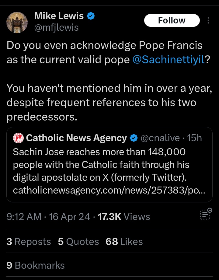 If Pope Francis (the valid current reigning Pope, Pontifex Maximus, Patriarch of the West, etc.) Wants faithful practicing Catholics to quote him more on social media, Maybe he should fire Rupnik and stop persecuting Catholics who prefer to attend TLM twitter.com/mfjlewis/statu…