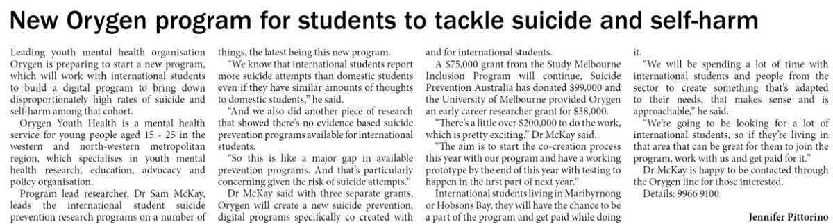 Samuel_Mckay's tweet photo. There's been so much enthusiasm about our upcoming digital co-designed #SuicidePrevention program for international students! 

This is a piece about the project in the Maribyrnong &amp; Hobsons Bay Star Weekly out today!

@orygen_aus @studymelbourne @SuicidePrevAU @unimelb https://t.co/gHaD7mlnWa