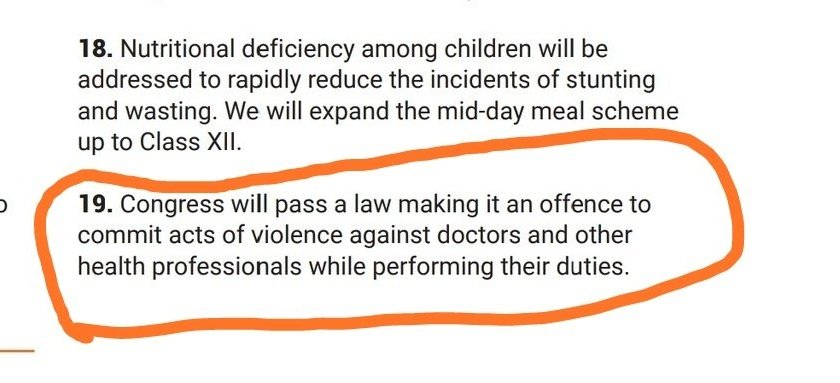 Congress Manifesto !
#Election2024 
★ Expand mid day Meal Scheme up to class 12
★ Congress will Pass a Law making it offence to commit acts of violence against Doctors while performing duties!!
#MedTwitter 
<a href="/BJP4India/">BJP</a> <a href="/INCIndia/">Congress</a>