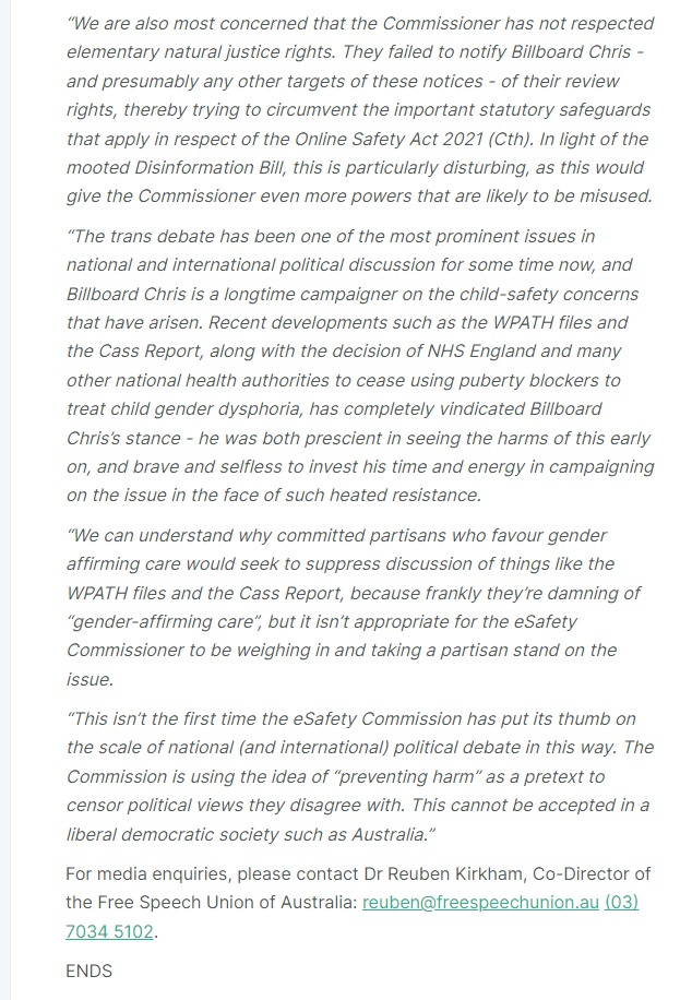 MEDIA RELEASE: 'Billboard Chris' files legal challenge against Australia's eSafety Commissioner.