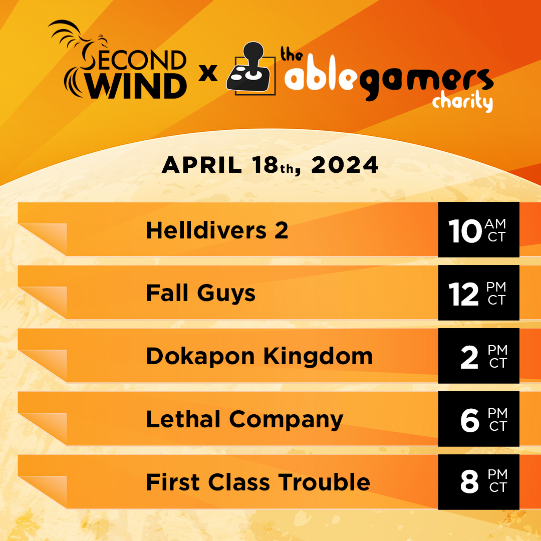 Second Wind is doing a charity stream supporting AbleGamers! I'll be dropping in for an hour or two at the end, so feel free to stop by and donate.
youtube.com/watch?v=FrMChw…
