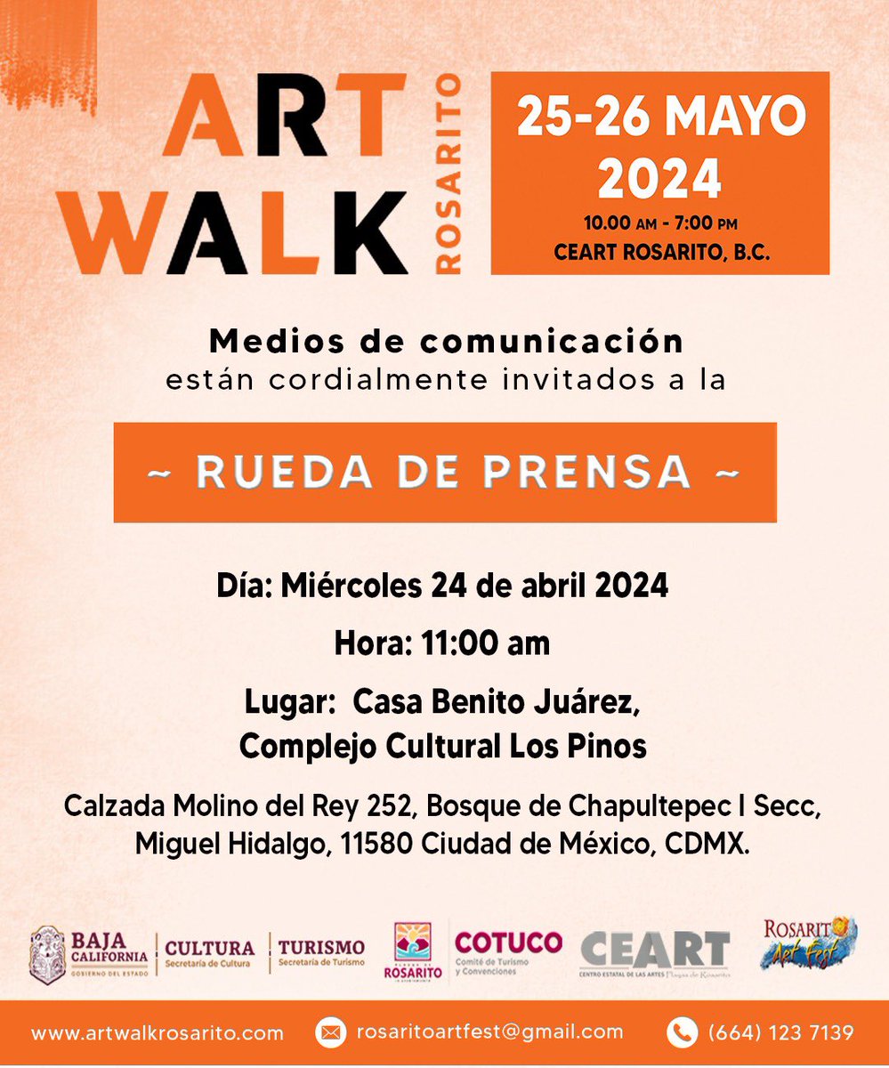 Amigos de los medios: #ArtWalk Rosarito los invita a su rueda de prensa. 24 de abril / 11:00 am @CC_LosPinos 🇲🇽