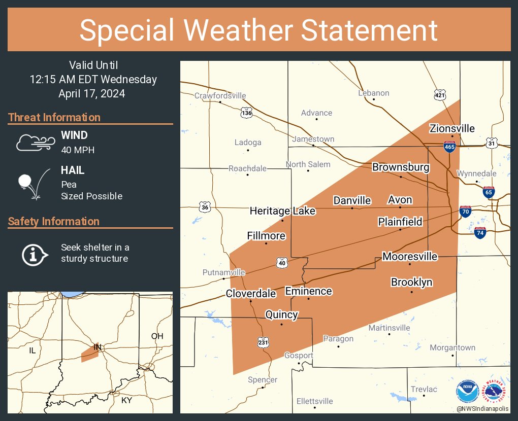 A special weather statement has been issued for Plainfield IN, Brownsburg IN and Zionsville IN until 12:15 AM EDT