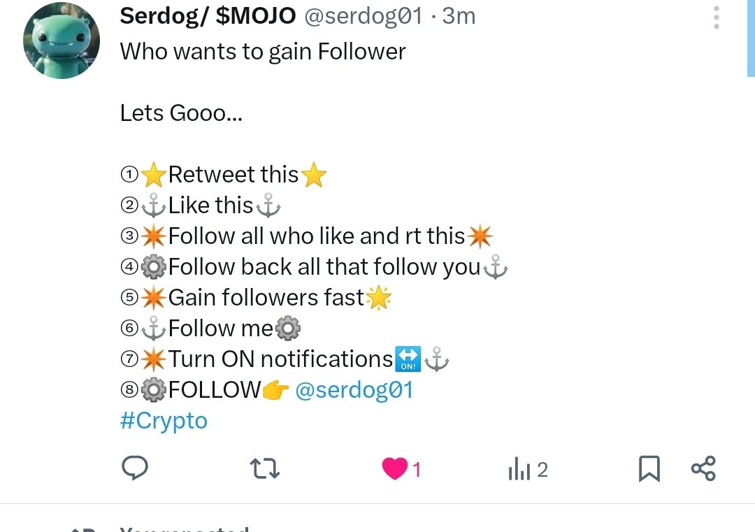 serdog02's tweet photo. Who wants to gain Follower 

Lets Gooo...

①⭐️Retweet this⭐️
②⚓️Like this⚓️
③✴️Follow all who like and rt this✴️
④⚙️Follow back all that follow you⚓️
⑤✴️Gain followers fast🌟
⑥⚓️Follow me⚙️
⑦✴️Turn ON notifications🔛⚓️
⑧ Use #CryptoFollower https://t.co/xHdWQtD4nZ
