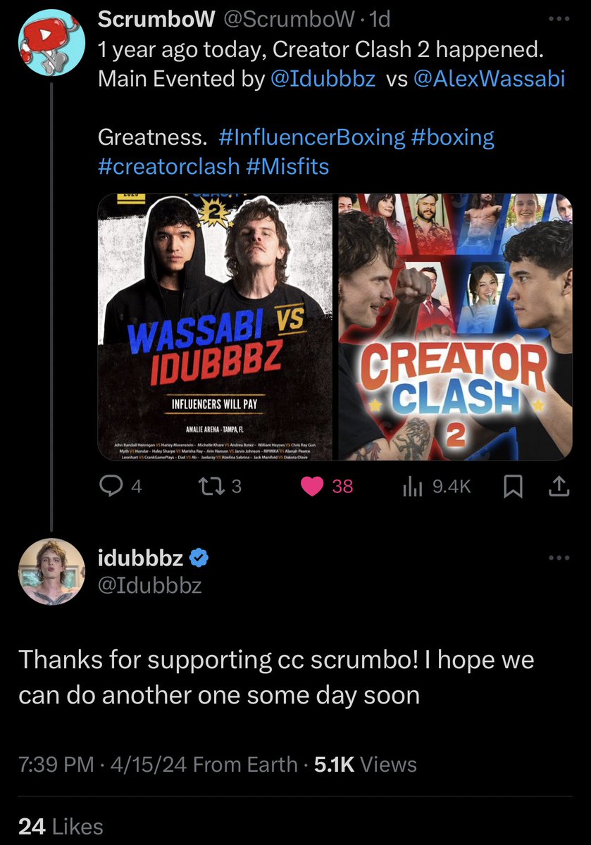 iDubbbz (@Idubbbz) is hoping to host a Creator Clash 3 some time soon!

Who would y’all like to see on this card?

[@ScrumboW @TheCreatorClash]