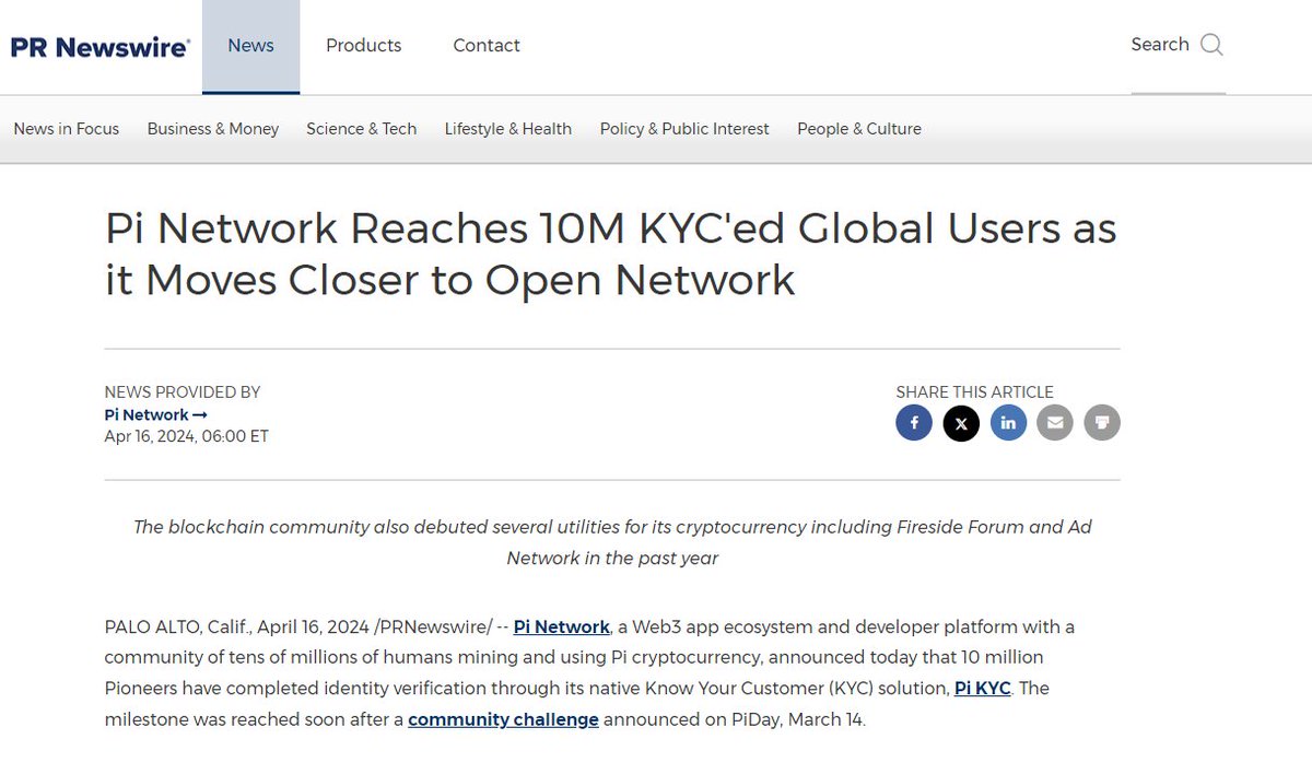 📢 GREAT NEWS FROM @PRNewswire @PiCoreTeam

PI NETWORK - THE MOST DECENTRALIZED BLOCKCHAIN NETWORK IN THE WORLD 🌐

- Pi Network has reached 10 MILLION KYC’ed Pioneers! This is an amazing milestone and step towards our Open Network goals—in short, we’re on track. This milestone