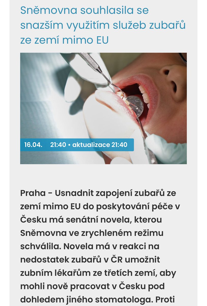 Sněmovna schválila novelu senátorky @SeitlovaJitka 👍 ta má pomoci nahradit nedostatek zubařů v ČR, aniž sníží nároky na odbornou způsobilost. Nyní musejí lékaři ze zemí mimo EU, např z Ukrajiny, složit zkoušku z českého jazyka a odbornou aprobační zkoušku.