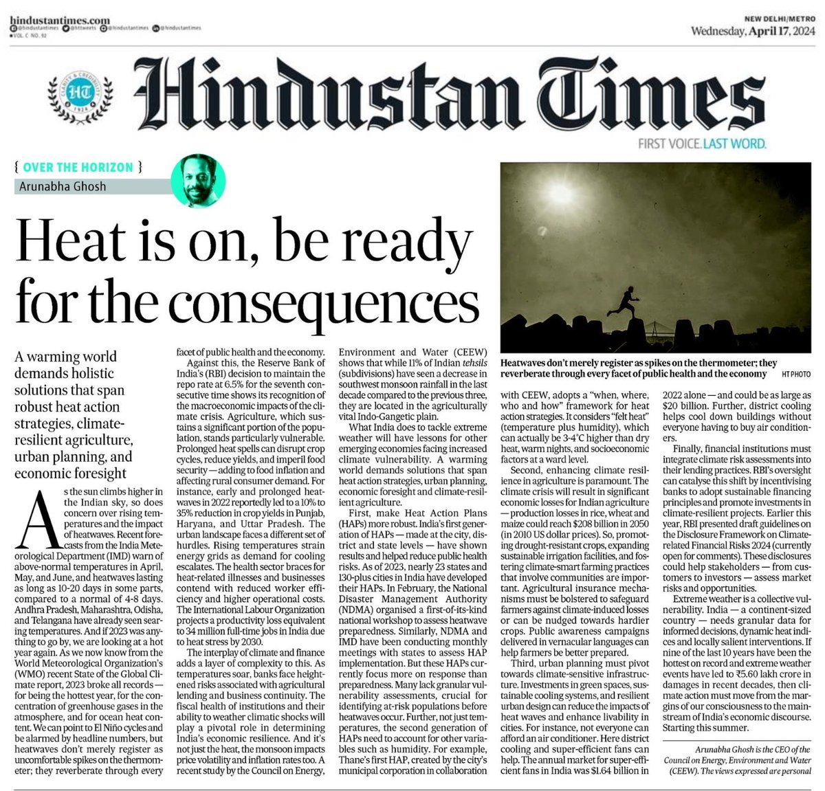 #Opinion Investments in green spaces, sustainable cooling systems, and resilient urban design can reduce the impacts of heat waves and enhance livability in cities. In @htTweets, our CEO, @GhoshArunabha outlines actionable strategies for India to tackle extreme weather and