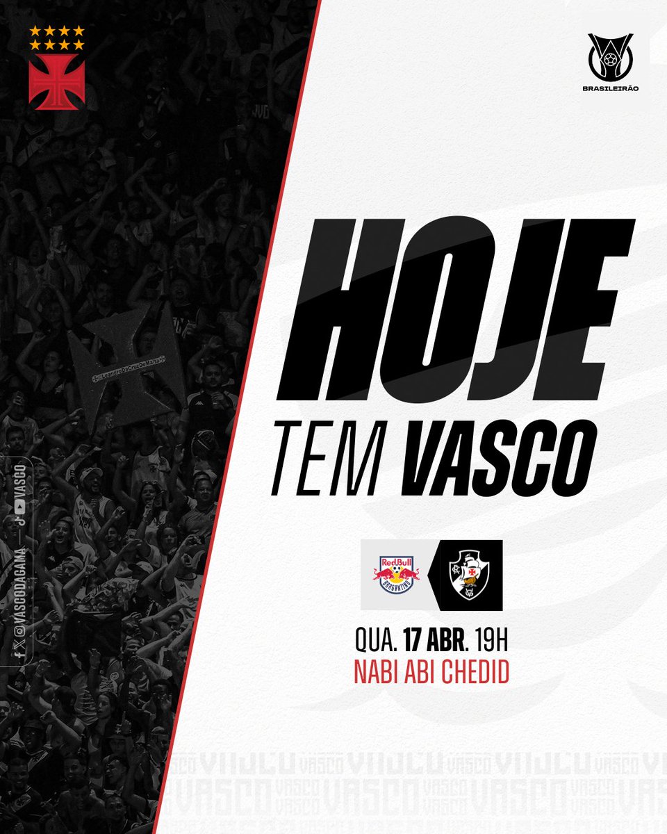 #HojeTemVasco 💢 🆚 RB Bragantino 🏆 Brasileirão 🏟 Nabi Abi Chedid 🕖 19h 📺 Premiere 🎙 VascoTV (pré-jogo e narração) #VascoDaGama