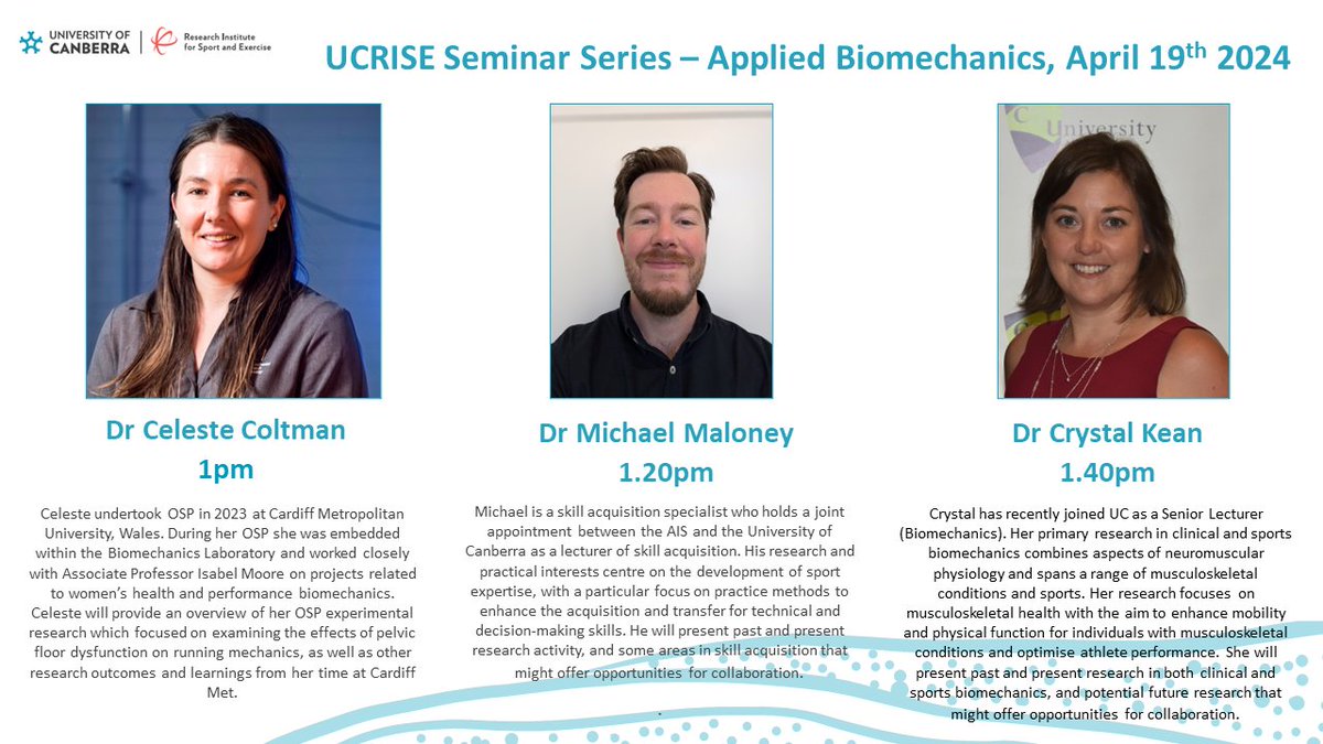 Join us for this Friday's UCRISE seminar showcasing Applied Biomechanics research at 1 pm in 12B50 lecture theatre, or via Microsoft Teams, link provided by request to ucrise@canberra.edu.au