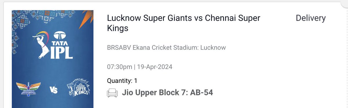 I have a LSG vs CSK match ticket for the match on April 19th. I won't be able to go since I won't be in Lucknow. Jio Upper block 7 - Seat no. AB - 54. Purchased it for, 1368/- (inclusive of taxes). Please DM if anyone's interested to buy. cc @allaboutcric_ @IPL #LSGvsCSK