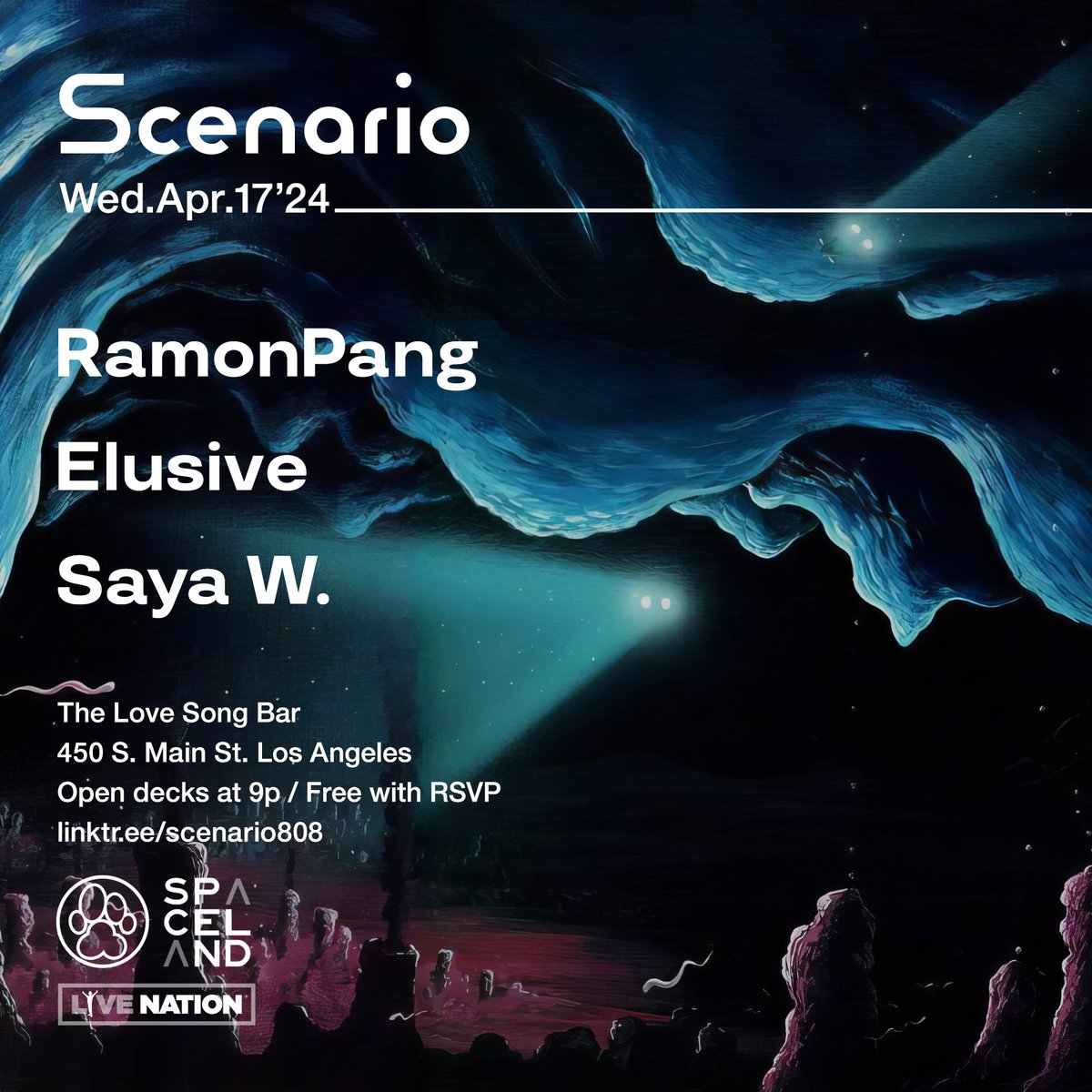 Tomorrow 4/17: @RamonPang #Elusive @sayadoubleyou + @daddykev at @TheLoveSongBar. Open decks at 9p. Free with RSVP. Presented by @ALPHAPUP @SpacelandLA @LiveNation 🔊✨👾 eventbrite.com/e/scenario-ram…